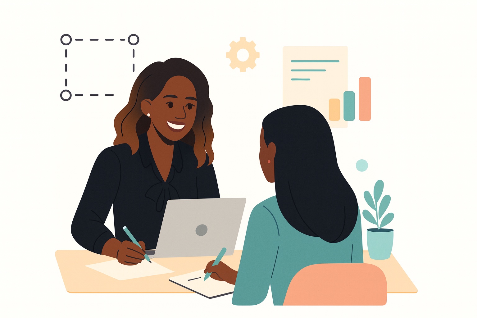 Two women collaborating on business solutions